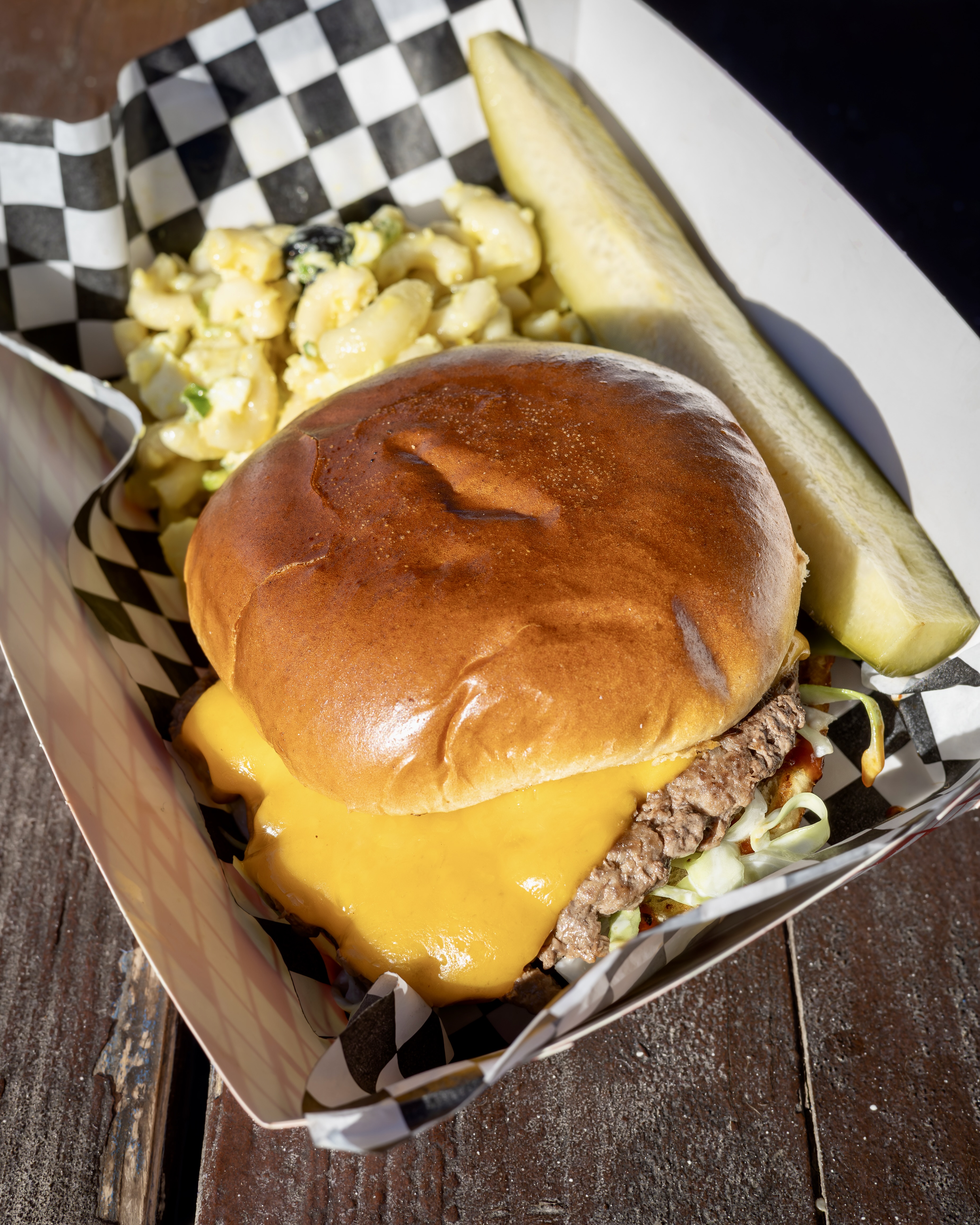 Brisket burger, stacked and seared